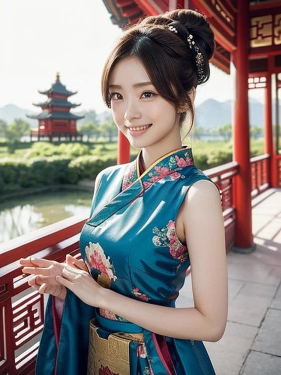 Avec en toile de fond la magnifique ambiance du palais、Générer une image d&#39;une jeune mannequin féminine portant une robe traditionnelle chinoise。Sa coiffure est des petits pains chinois.、elle a une belle parure de cheveux sur la tête。Ses vêtements sont cool、porter une robe sans manches。La robe flotte au vent、Cela montre ses mouvements gracieux.。Elle sourit à la caméra、Il a un look brillant et attrayant。L&#39;angle de la caméra est le haut du corps、Assurez-vous de bien voir ses beaux traits et les détails de sa robe。Le palais en arrière-plan、Il est composé d&#39;une architecture chinoise traditionnelle et de magnifiques jardins..、Cela améliore l’atmosphère。L&#39;image générée est、Célébrer la culture et la mode chinoises、Convient pour exprimer l&#39;élégance et la beauté。