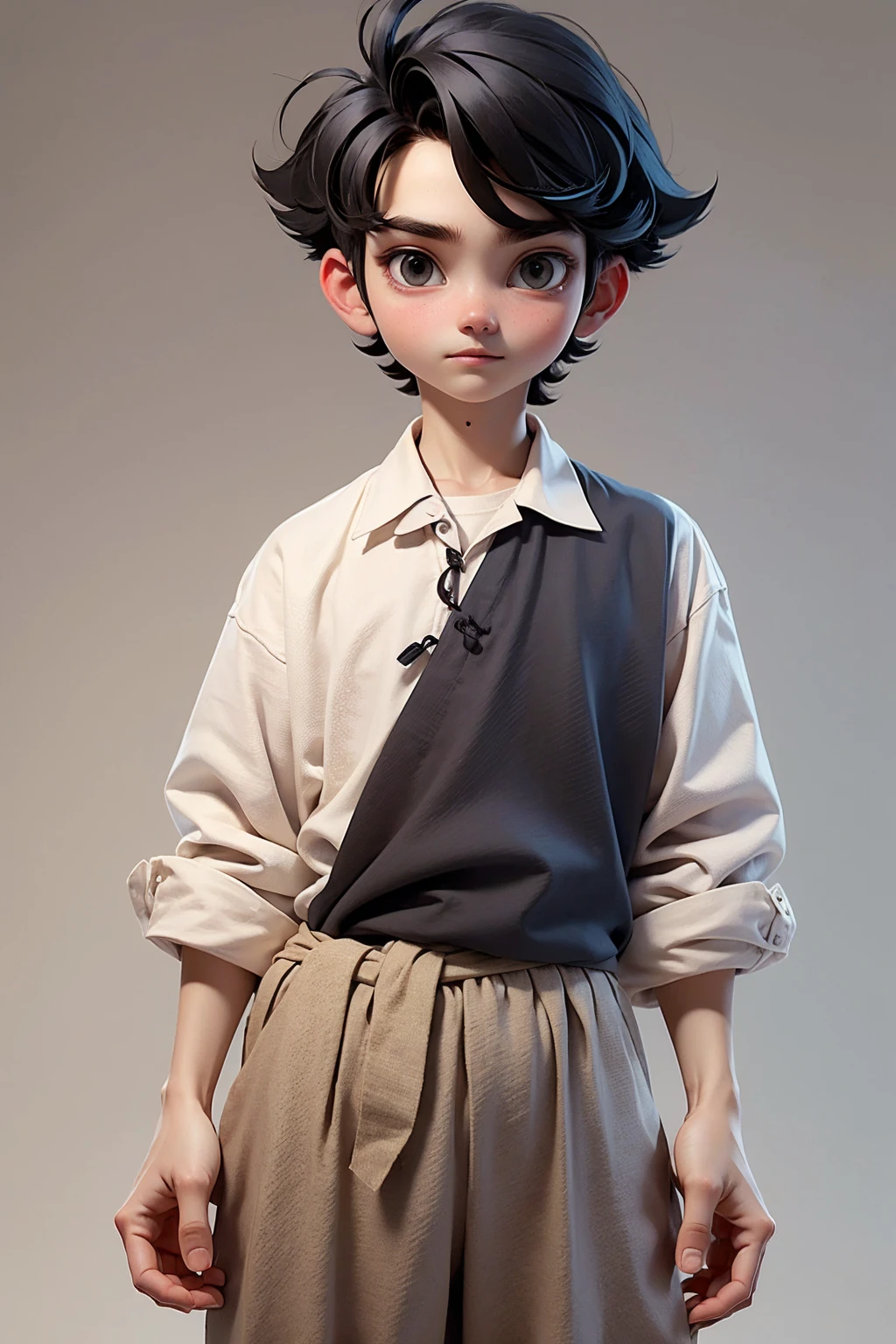 (masterpiece, best quality), 1 boy, Dark black short hair，smart，Crewneck shirt. Midi-length loose-fitting shirt in linen，Loose cotton and linen throuses, only, Looking at the camera casually，front，White background，whole body, full body.