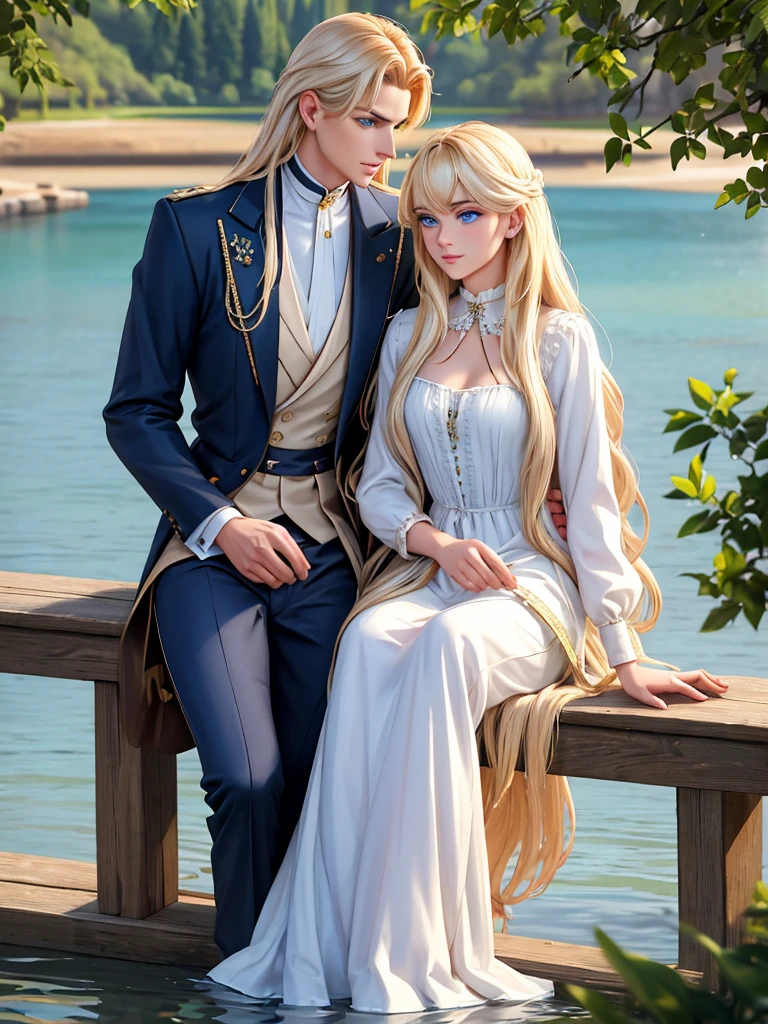 A magical lake. A tall, handsome, statuesque, courageous young man with long platinum hair, blue eyes, tanned skin is sitting on the shore of a lake, he is dressed in an antique white shirt and dark trousers, next to him sits an incredibly beautiful young golden-haired femme fatale with blue eyes, long golden hair, long bangs, dressed in an antique dress. They're in love. Masterpiece, perfect image, realistic pictures, detailed face study, full-length image, 8k, detailed image. extremely detailed illustration, a real masterpiece of the highest quality, with careful drawing.