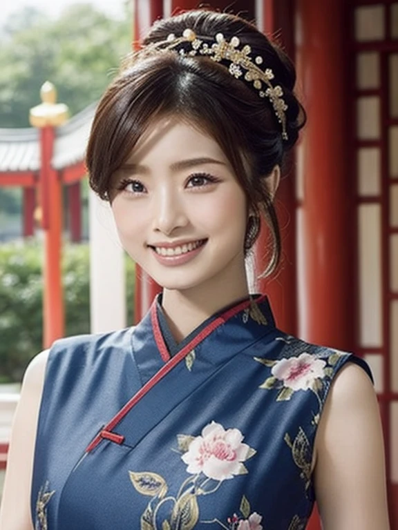 Avec en toile de fond la magnifique ambiance du palais、Générer une image d&#39;une jeune mannequin féminine portant une robe traditionnelle chinoise。Sa coiffure est des petits pains chinois.、elle a une belle parure de cheveux sur la tête。Ses vêtements sont cool、porter une robe sans manches。La robe flotte au vent、Cela montre ses mouvements gracieux.。Elle sourit à la caméra、Il a un look brillant et attrayant。L&#39;angle de la caméra est le haut du corps、Assurez-vous de bien voir ses beaux traits et les détails de sa robe。Le palais en arrière-plan、Il est composé d&#39;une architecture chinoise traditionnelle et de magnifiques jardins..、Cela améliore l’atmosphère。L&#39;image générée est、Célébrer la culture et la mode chinoises、Convient pour exprimer l&#39;élégance et la beauté。