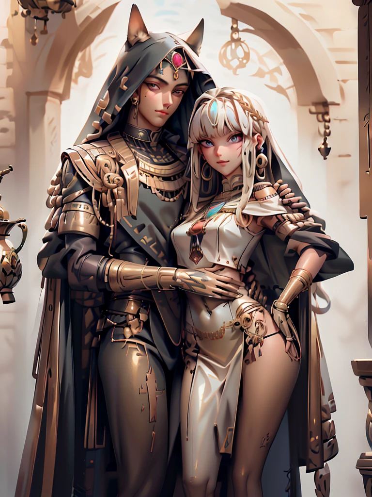 Tall, handsome, courageous, athletic young man platinum blonde, with tanned skin, blue eyes, long straight platinum hair, dressed in ancient Egyptian style clothes, he hugs an incredibly beautiful young femme fatale blonde with long golden hair, blue eyes, dressed in ancient Egyptian style clothes. They're in love. Masterpiece, perfect image, realistic pictures, detailed face study, full-length image, 8k, detailed image. extremely detailed illustration, a real masterpiece of the highest quality, with careful drawing.