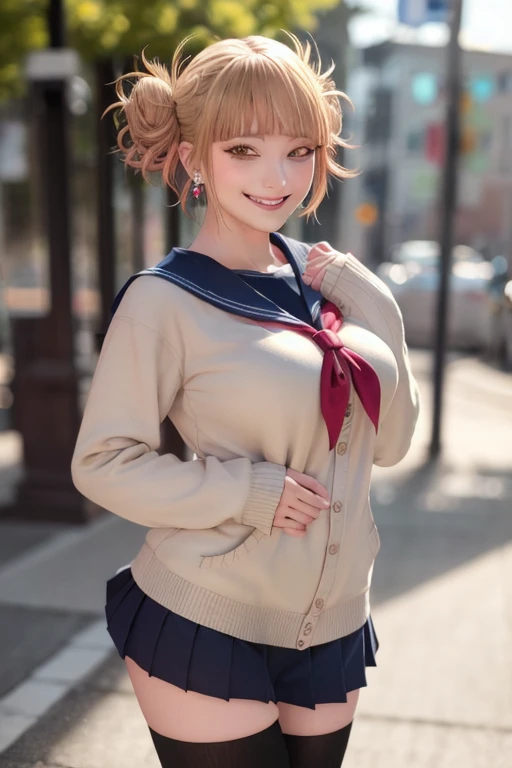 kujikawadef,twintails,,black serafuku,long sleeves,skirt,thighhighs,jewelry,earrings,standing,
best quality, highly detailed, masterpiece, absurdres,8k,   photorealistic, realistic,detailed skin texture,detailed pupils,HDR,natural lighting,
1girl,solo,(happy:1.1),(smile:1.2),shorthair,brown hair,(angular face:1.2),shiny face,large breasts, narrow waist, lip makeup,