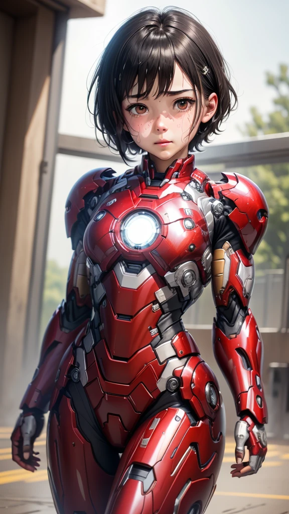 la plus haute qualité　Costume Iron Man 8k pour fille　fille de l&#39;école primaire　Visage en sueur　Mignon　Cheveux courts　de garçon　Vapeur de la tête　Mes cheveux sont mouillés de sueur　Cheveux noirs