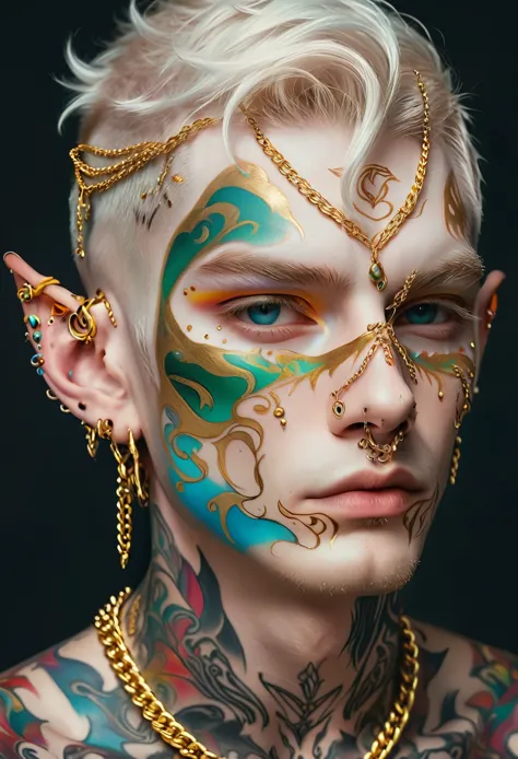 (masterpiece, best quality:1.2),a photo of a white man，elf ears，he wears a gold chain，face painting，color tattoo，face tattoo puz...