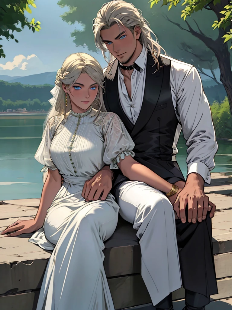 couple 1 man 1 woman. A tall, handsome, statuesque, courageous young man with long platinum hair, blue eyes, tanned skin is sitting on the shore of a lake, he is dressed in an antique white shirt and dark trousers, next to him sits an incredibly beautiful young golden-haired femme fatale with blue eyes, long golden hair, long bangs, dressed in an antique dress. They're in love. Masterpiece, perfect image, realistic pictures, detailed face study, full-length image, 8k, detailed image. extremely detailed illustration, a real masterpiece of the highest quality, with careful drawing. amateur men