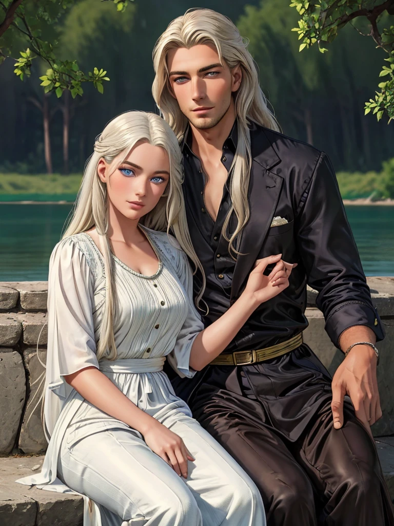 couple 1 man 1 woman. A tall, handsome, statuesque, courageous young man with long platinum hair, blue eyes, tanned skin is sitting on the shore of a lake, he is dressed in an antique white shirt and dark trousers, next to him sits an incredibly beautiful young golden-haired femme fatale with blue eyes, long golden hair, long bangs, dressed in an antique dress. They're in love. Masterpiece, perfect image, realistic pictures, detailed face study, full-length image, 8k, detailed image. extremely detailed illustration, a real masterpiece of the highest quality, with careful drawing. amateur men