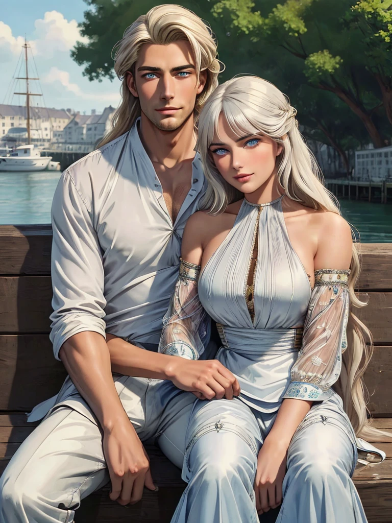 couple 1 man 1 woman. A tall, handsome, statuesque, courageous young man with long platinum hair, blue eyes, tanned skin is Sitting on the dock, he is dressed in an antique white shirt and dark trousers, next to him sits an incredibly beautiful young golden-haired femme fatale with blue eyes, long golden hair, long bangs, dressed in an antique dress. They're in love. Masterpiece, perfect image, realistic pictures, detailed face study, full-length image, 8k, detailed image. extremely detailed illustration, a real masterpiece of the highest quality, with careful drawing. amateur men