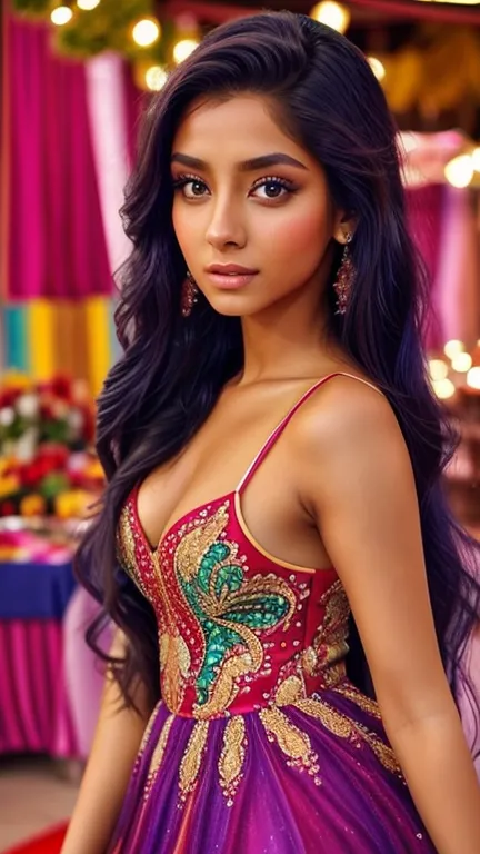 indian girl, 21 years, model, beauty, light skin, long hair, background is bazaar, colorful dress, sexy woman, beautiful eyes,