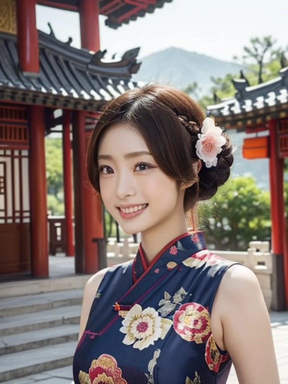 (อูโตอายะ), With the grและeur of the palace as a backdrop、นางแบบสาวสวมชุดจีนโบราณ、กรุณาสร้างด้วยมุมกล้องร่างกายส่วนบน。ทรงผมของเธอคือ "ซาลาเปาจีน"（ทรงผมมวยจีน）และ、มันผูกติดอยู่กับตำแหน่งที่สูง。ชุดของเธอคือ、Cool และ vibrant colors、ผสมผสานการออกแบบแบบจีนดั้งเดิม。โดยเฉพาะ、แขนกุด（แขนกุด）โปรดใส่ใจกับการออกแบบ。เธอกำลังยิ้มให้กับกล้อง、เขามีสีหน้ามั่นใจ。彼女のポーズは優雅และ、A perfect blend of traditional และ modern beauty。พระราชวังอยู่ด้านหลัง、สร้างบรรยากาศแบบจีนโบราณ、มันเข้ากับชุดของเธอ。