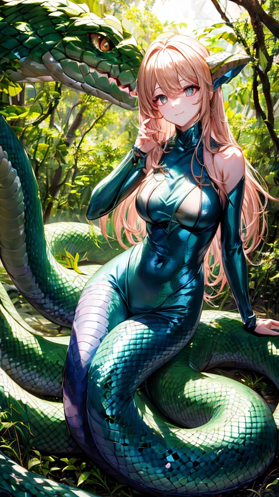 Lamia、The lower half of the body is that of a snake.、Female with a human upper body、Beautiful Hair、Deep in the forest、Golden Eyes、8K