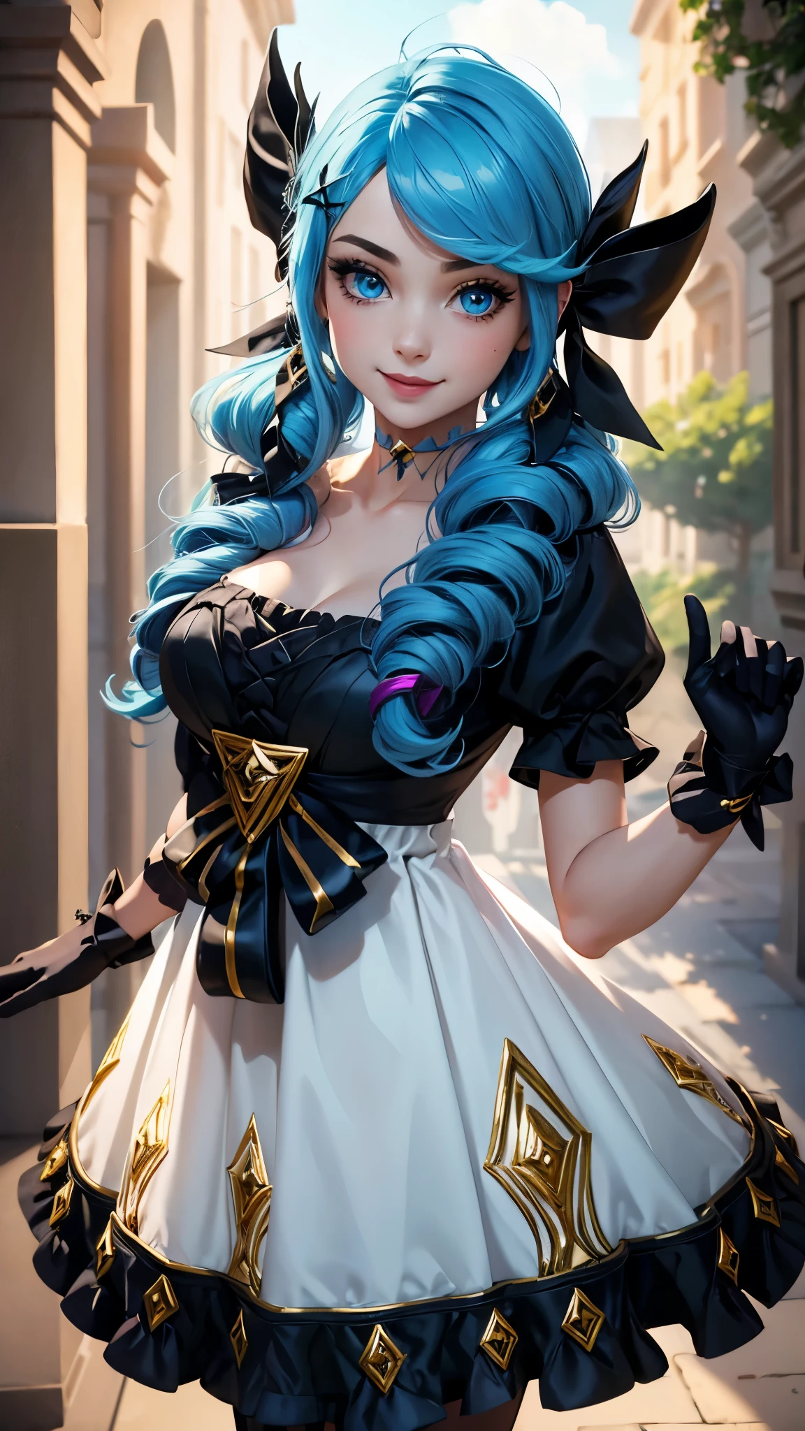 (masterpiece, best quality:1.2), expressive eyes, perfect face, highres, 1girl, solo, black bow, black gloves, black legwear, blue eyes, blue hair, bow, collarbone, dress, drill hair, frilled dress, frills, gloves, gwen \(league of legends\), hair ornament, league of legends, long hair, puffy sleeves, pink pupils, white dress, x, x hair ornament, smiling, waving, standing, cowboy shot, looking at the viewer