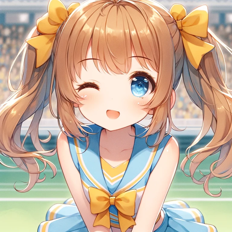 1 girl, 15 years old, Medium Hair, (Shiny golden hair:1.3), (Low twin tails:1.3), (Asymmetrical Hair:1.3), No accessories included, slim, (Baby Face:1.3), Cute eyes, sky blue eyes, Pointy Nose,
Break Flat, High quality illustration style,
Break on the stadium grounds, Cheerleader Costume (Lemon chiffon and sky blue), Dancing, Close one eye and wink