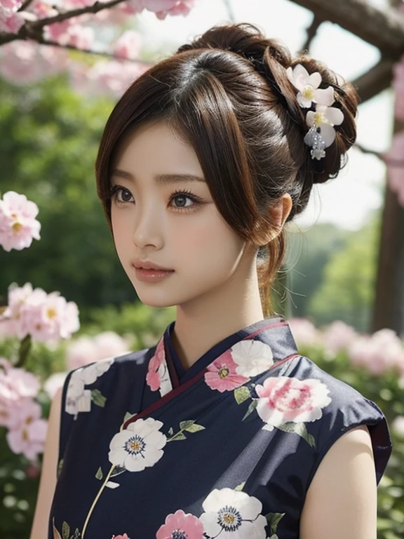 (uetoaya)Utiliser le mot déclencheur、Générer une image d&#39;une jeune mannequin portant une robe traditionnelle chinoise。Sa coiffure est des petits pains chinois（Cheveux de chignon chinois）Et、Réglez l&#39;angle de la caméra de manière à ce que le haut de votre corps soit dans le cadre.。Elle porte des vêtements sympas、Sans manches（Sans manches）Elle porte une robe de créateur。La robe intègre un design traditionnel chinois.、Colourful Et beautifully patterned。彼女のポーズは優雅Et、plein de confiance。Le fond est simple、Make sure to make her stEt out。L&#39;image générée est、Representing the fusion of traditional Chinese culture Et modern fashion、It is expected that the work will convey a sense of freshness Et beauty to viewers.。