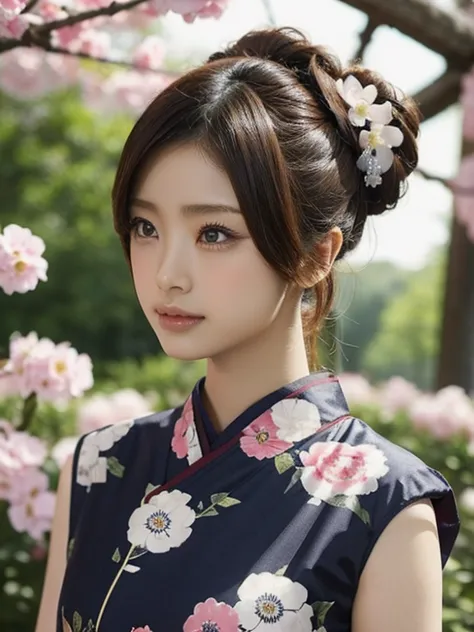 (uetoaya)using the trigger word、generate an image of a young female model wearing a traditional chinese dress。her hairstyle is c...