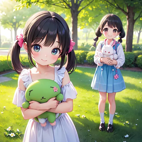 (Realistic:1.37)、Octane Rendering、Morning Park、Taking a walk with a rabbit doll、A girl with twin tails and smiling、Bright colors...