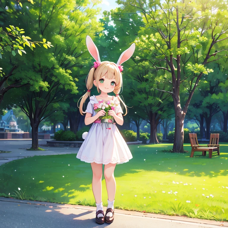 (Realistic:1.37)、Octane Rendering、Morning Park、Taking a walk with a rabbit doll、A girl with twin tails and smiling、Bright colors、Soft sunlight、beautiful flower、Green Grass、A playful atmosphere、Peaceful environment、Detailed Texture、Bright colors、Cute shoes with accessories、He looks happy