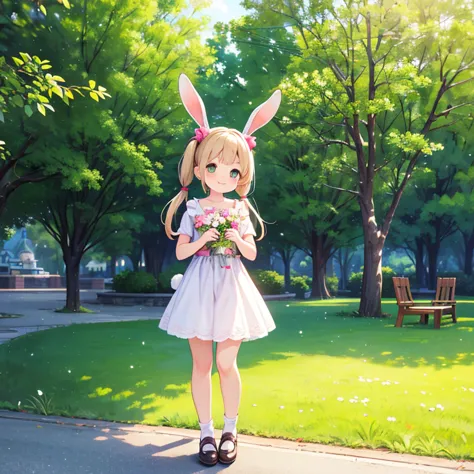 (Realistic:1.37)、Octane Rendering、Morning Park、Taking a walk with a rabbit doll、A girl with twin tails and smiling、Bright colors...