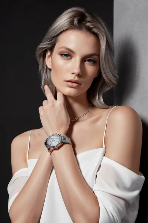 a model wearing a jewelry watch, the color is silver, with a magnificent, the shape of the dial is square, styled in a modern fa...