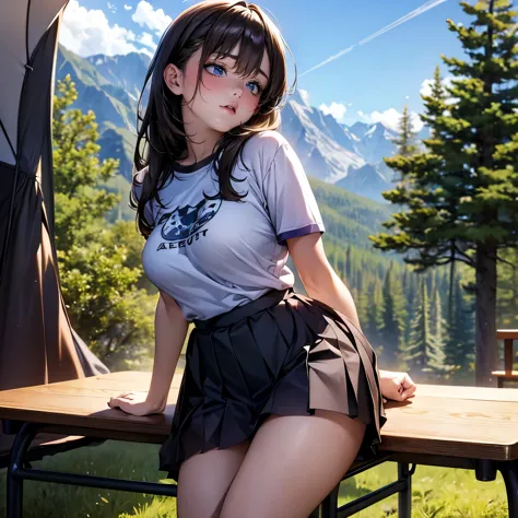 high-definition image, best quality, (round face), posing, eyes realistic sizing, drooping eyes, t-shirt, pleated skirt, (lean a...