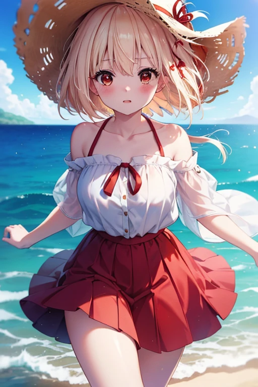 chisatonishikigi, nishikigi chisato,Long Hair , bangs, Blonde, (Red eyes:1.5), ,smile,blush,Open your mouth,Big straw hat,Off-the-shoulder dress,Long skirt,Bare neck,Exposing shoulders,bare clavicle,Grab the skirt with both hands and lift it up,barefoot,Beachの砂浜を散歩しながら,blonde hair swaying in the wind, real summer,Light of the sun,
break outdoors,Beach ,
break looking at viewer, (Cowboy Shot:1.5),
break (masterpiece:1.2), highest quality, High resolution, unity 8k wallpaper, (shape:0.8), (Fine and beautiful eyes:1.6), Highly detailed face, Perfect lighting, Highly detailed CG, (Perfect hands, Perfect Anatomy),