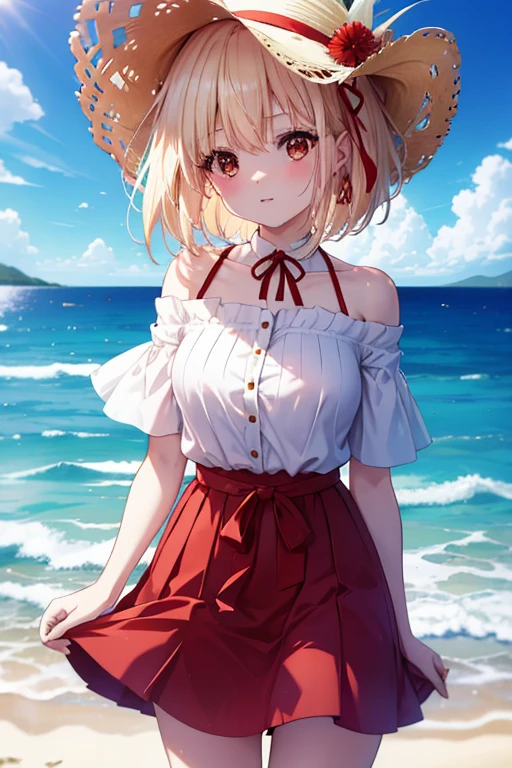 chisatonishikigi, nishikigi chisato,Long Hair , bangs, Blonde, (Red eyes:1.5), ,smile,blush,Open your mouth,Big straw hat,Off-the-shoulder dress,Long skirt,Bare neck,Exposing shoulders,bare clavicle,Grab the skirt with both hands and lift it up,barefoot,Beachの砂浜を散歩しながら,blonde hair swaying in the wind, real summer,Light of the sun,
break outdoors,Beach ,
break looking at viewer, (Cowboy Shot:1.5),
break (masterpiece:1.2), highest quality, High resolution, unity 8k wallpaper, (shape:0.8), (Fine and beautiful eyes:1.6), Highly detailed face, Perfect lighting, Highly detailed CG, (Perfect hands, Perfect Anatomy),