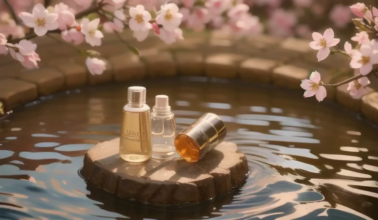 (super realistic scene), makeup bottle keep it empty, cherry blossom background, water, sunlight, low perspective, blender, prod...