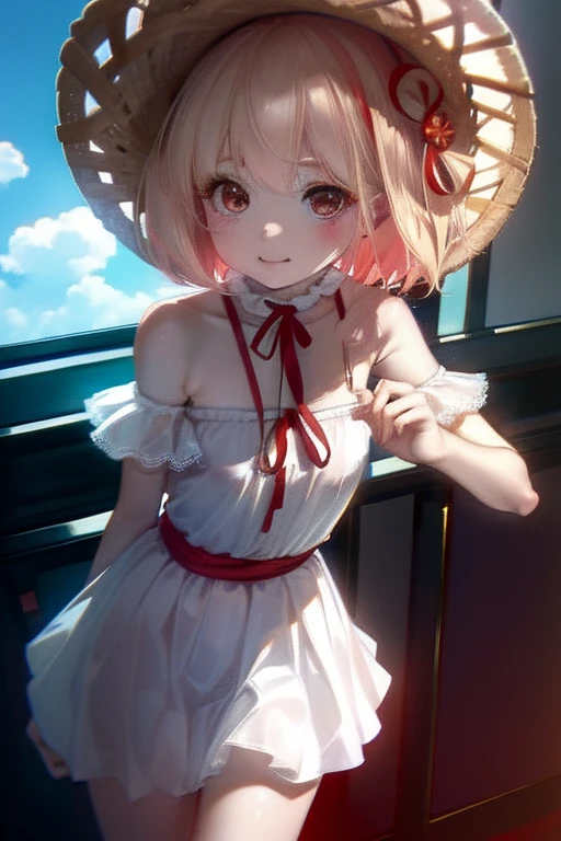 chisatonishikigi, nishikigi chisato,Long Hair , bangs, Blonde, (Red eyes:1.5), ,smile,blush,Open your mouth,Big straw hat,Off-the-shoulder dress,Long skirt,Bare neck,Exposing shoulders,bare clavicle,Grab the skirt with both hands and lift it up,barefoot,Beachの砂浜を散歩しながら,blonde hair swaying in the wind, real summer,Light of the sun,
break outdoors,Beach ,
break looking at viewer, (Cowboy Shot:1.5),
break (masterpiece:1.2), highest quality, High resolution, unity 8k wallpaper, (shape:0.8), (Fine and beautiful eyes:1.6), Highly detailed face, Perfect lighting, Highly detailed CG, (Perfect hands, Perfect Anatomy),