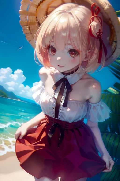chisatonishikigi, Nishikigi chisato,Long Hair , bangs, bionde, (Red eyes:1.5), ,smile,blush,Open your mouth,Big straw hat,Off-the-shoulder dress,Long skirt,Bare neck,Exposing shoulders,bare clavicle,Grab the skirt with both hands and lift it up,barefoot,While walking along the sandy beach,blonde hair swaying in the wind, real summer,Light of the sun,
BREAK outdoors,Beach ,
BREAK looking at viewer, (Cowboy Shot:1.5),
BREAK (masterpiece:1.2), highest quality, High resolution, unity 8k wallpaper, (shape:0.8), (Fine and beautiful eyes:1.6), Highly detailed face, Perfect lighting, Highly detailed CG, (Perfect hands, Perfect Anatomy),