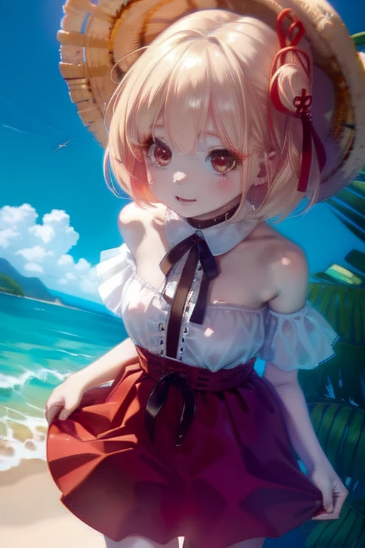 chisatonishikigi, nishikigi chisato,Long Hair , bangs, Blonde, (Red eyes:1.5), ,smile,blush,Open your mouth,Big straw hat,Off-the-shoulder dress,Long skirt,Bare neck,Exposing shoulders,bare clavicle,Grab the skirt with both hands and lift it up,barefoot,Beachの砂浜を散歩しながら,blonde hair swaying in the wind, real summer,Light of the sun,
break outdoors,Beach ,
break looking at viewer, (Cowboy Shot:1.5),
break (masterpiece:1.2), highest quality, High resolution, unity 8k wallpaper, (shape:0.8), (Fine and beautiful eyes:1.6), Highly detailed face, Perfect lighting, Highly detailed CG, (Perfect hands, Perfect Anatomy),