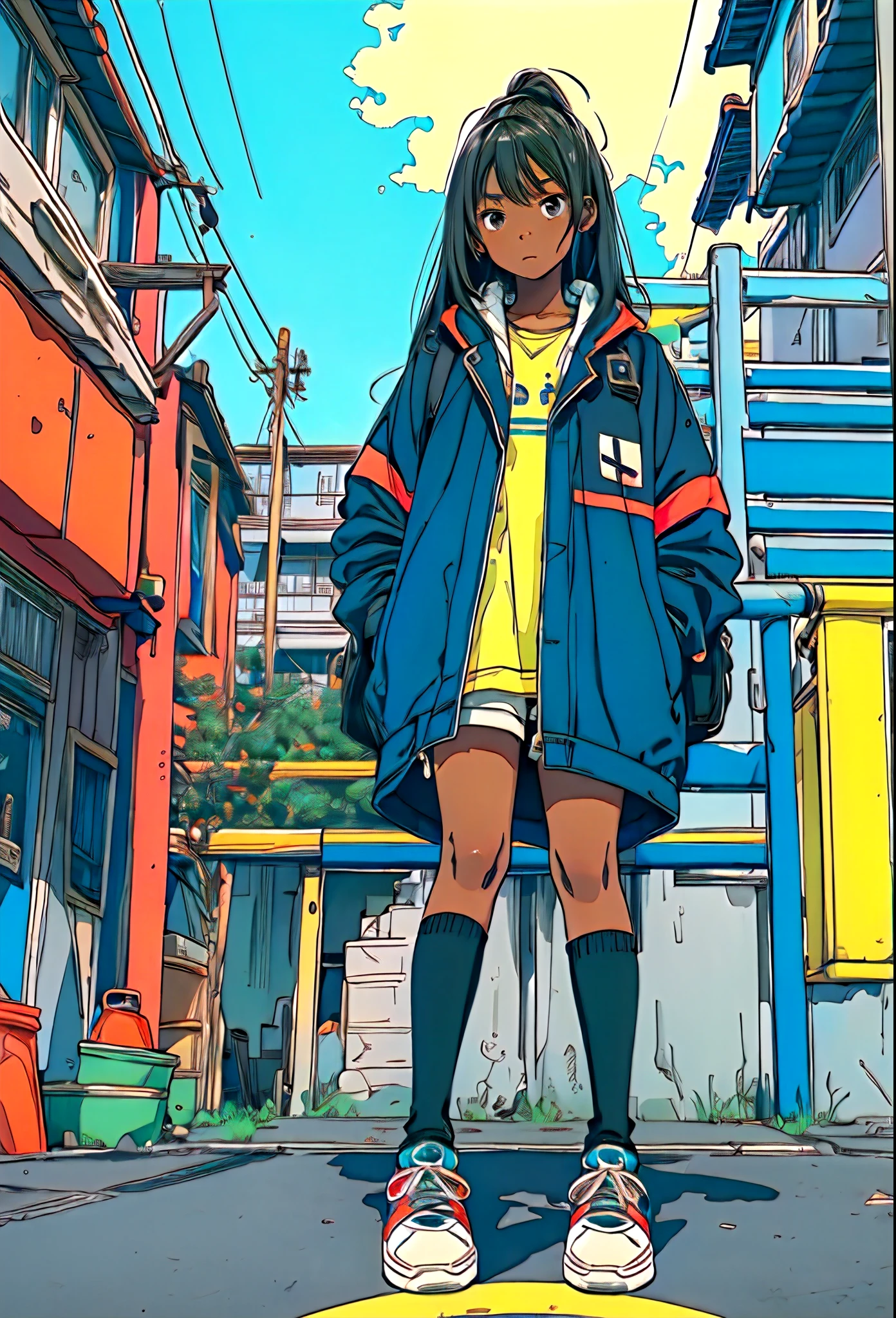 (highest quality,Official Art,beautifully、aesthetic:1.2),(Fractal Art:1.2),Official Art,colorful,Colorful backgrounds,Color Splash,movie perspective,Ad Style,Magazine Cover,
xuer Popsicles,One girl,alone,Long Hair,View your viewers,Black Hair,Knee socks,Long sleeve,Holding,Sitting,Jacket,Outdoor,food,null,shoes,Shorts,black Knee socks,Dark Skin,Dark skinned women,Torn clothes,From below,Holding food,building,sneakers,Blue footwear,Blue Theme,Popsicles,handrail,yellow Jacket,torn Knee socks,Wide Shot,
