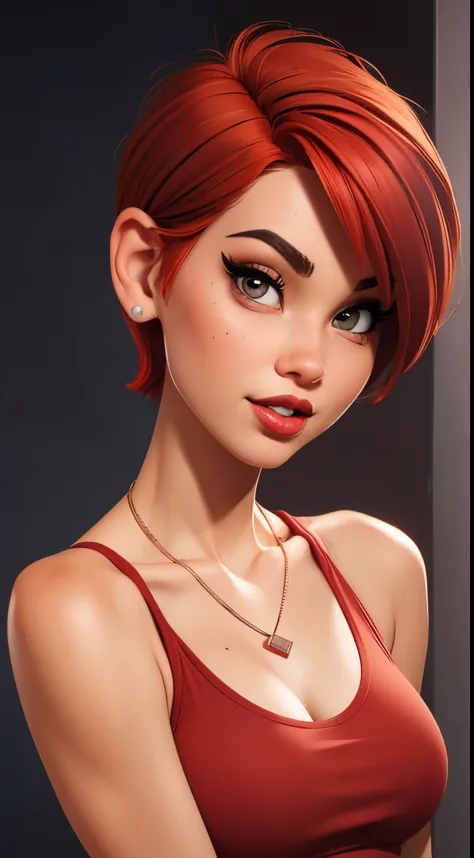 close-up focus on 1 skinny model, wearing a red fitted tank top that covers her small breasts, pixie cut red hair, red lips, nec...