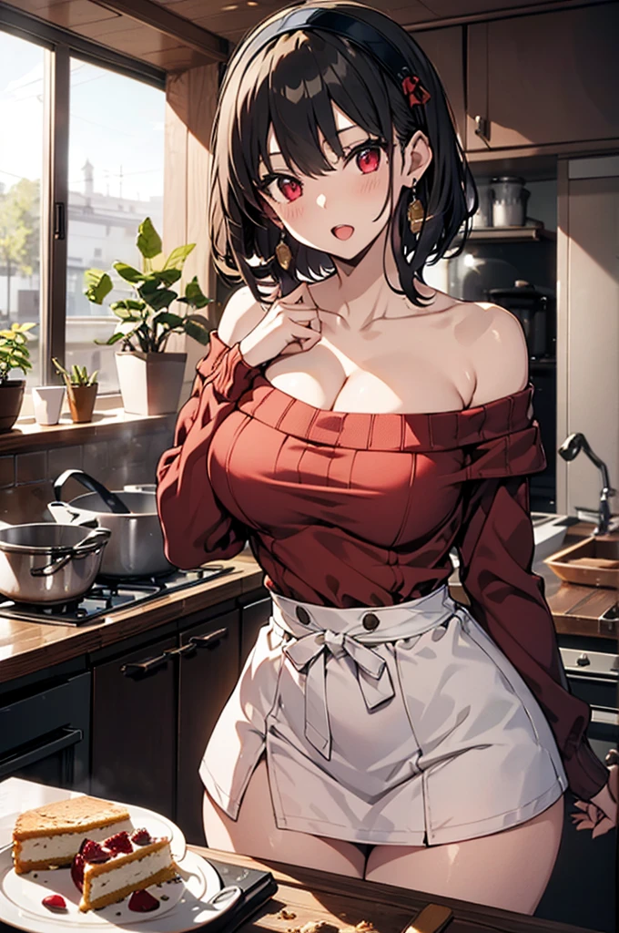 masterpiece, yor, 1girl, Amazing Cleavage:1.3, thin waist, big ass, Raised sexy, medium breast: 1.8 posed cleavage:1.2、solo, looking at viewer, open mouth, have a cup of coffee,black hair, red eyes, dress, bare shoulders, jewelry, collarbone, sidelocks, hairband, earrings, indoors, off shoulder, :o, sweater, arms behind back, plant, short hair with long locks, white hairband, off-shoulder dress, sweater dress, off-shoulder sweater, red sweater, big side hair, very long side hair,is rendered in (masterpiece: 1.2, best quality), with (ultra high resolution) and an exquisite (depth of field). This masterpiece is not only visually stunning but also tells, make of cake cooking ,in the kitchen
