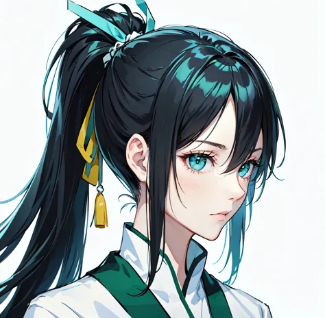 high resolution、high quality、black hair ponytail、green eyes、slender、light blue haori、male