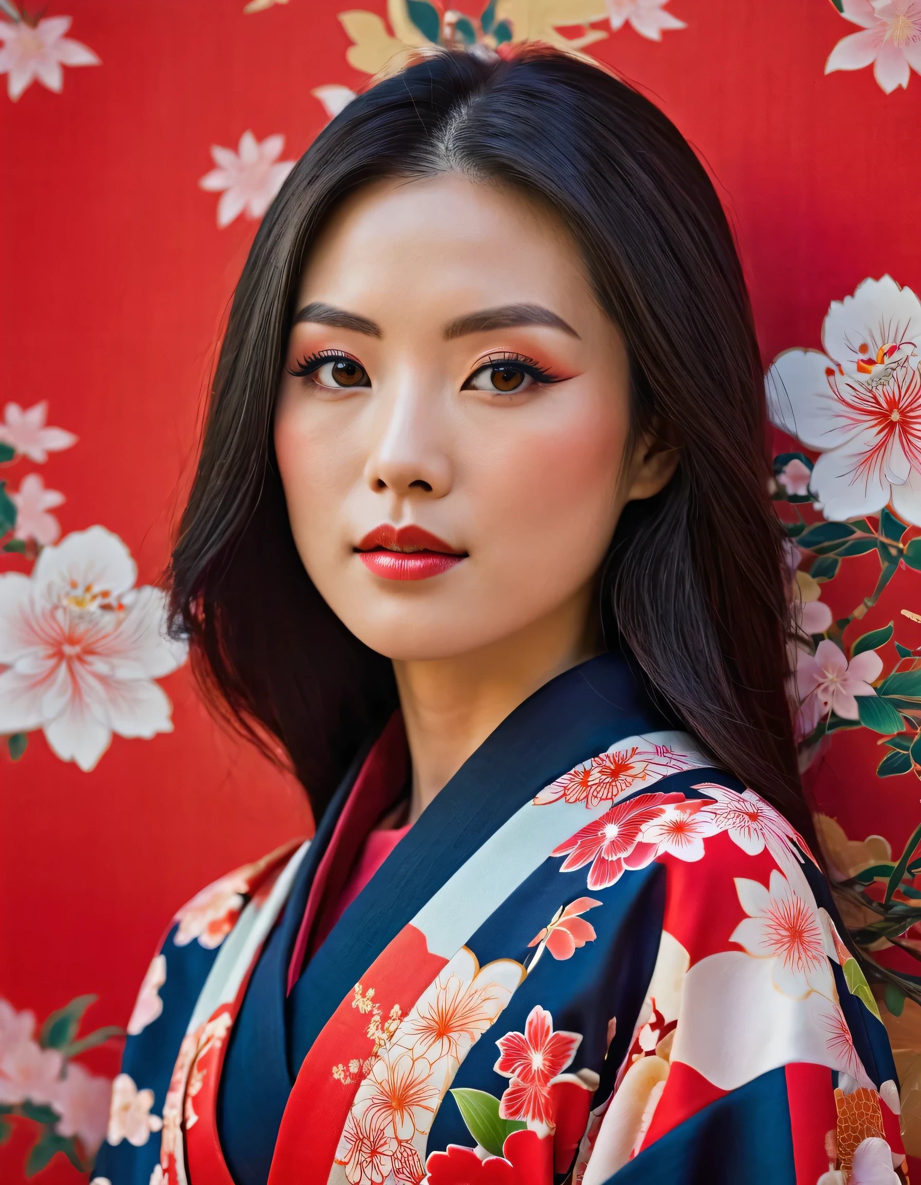 Arafed asian woman in a kimono with a red background - SeaArt AI