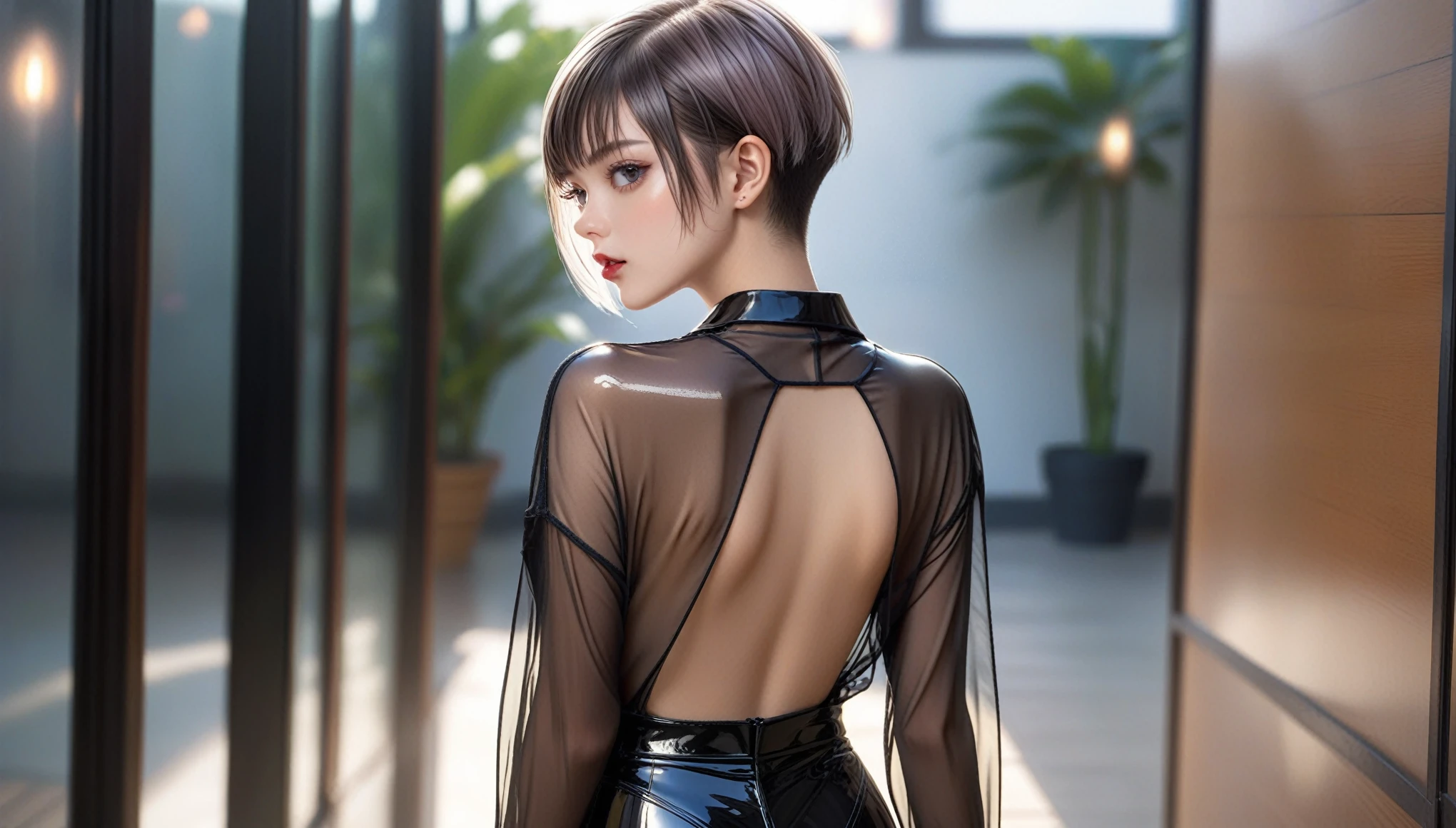 Top Quality, Masterpiece, High Resolution, 8k, (((skinny girl, full body shot, oversized shiny see through shirt, bare back, hot pants, small perky breasts, beautiful detailed eyes, beautiful detailed lips, small closed mouth, extremely detailed face, pixie side shaved hair cut, small hips)))