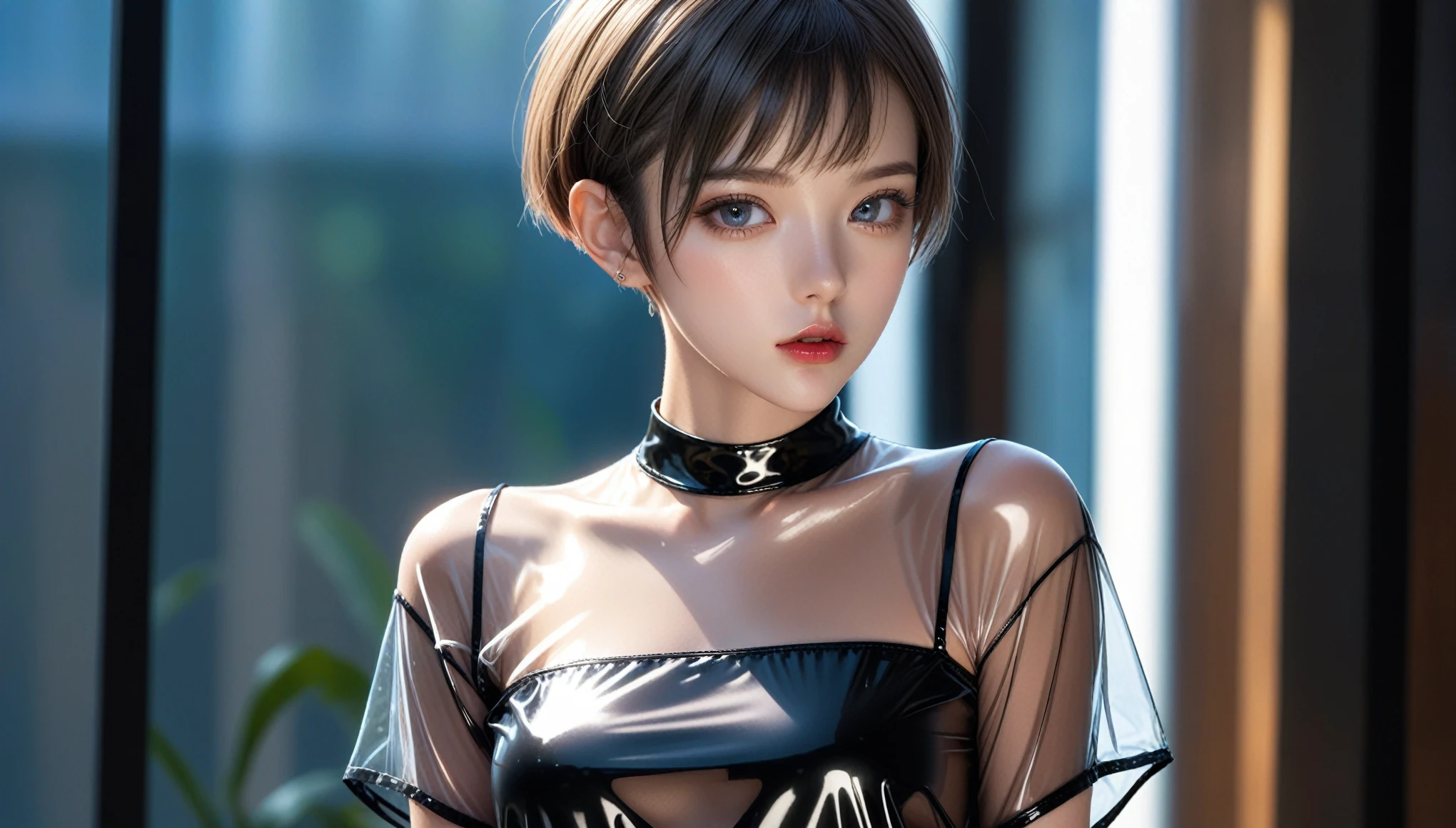 Top Quality, Masterpiece, High Resolution, 8k, (((skinny girl, full body photo, oversized shiny see through shirt, hot pants, small perky breasts, beautiful detailed eyes, beautiful detailed lips, small closed mouth, extremely detailed face, pixie side shaved hair cut, small hips)))