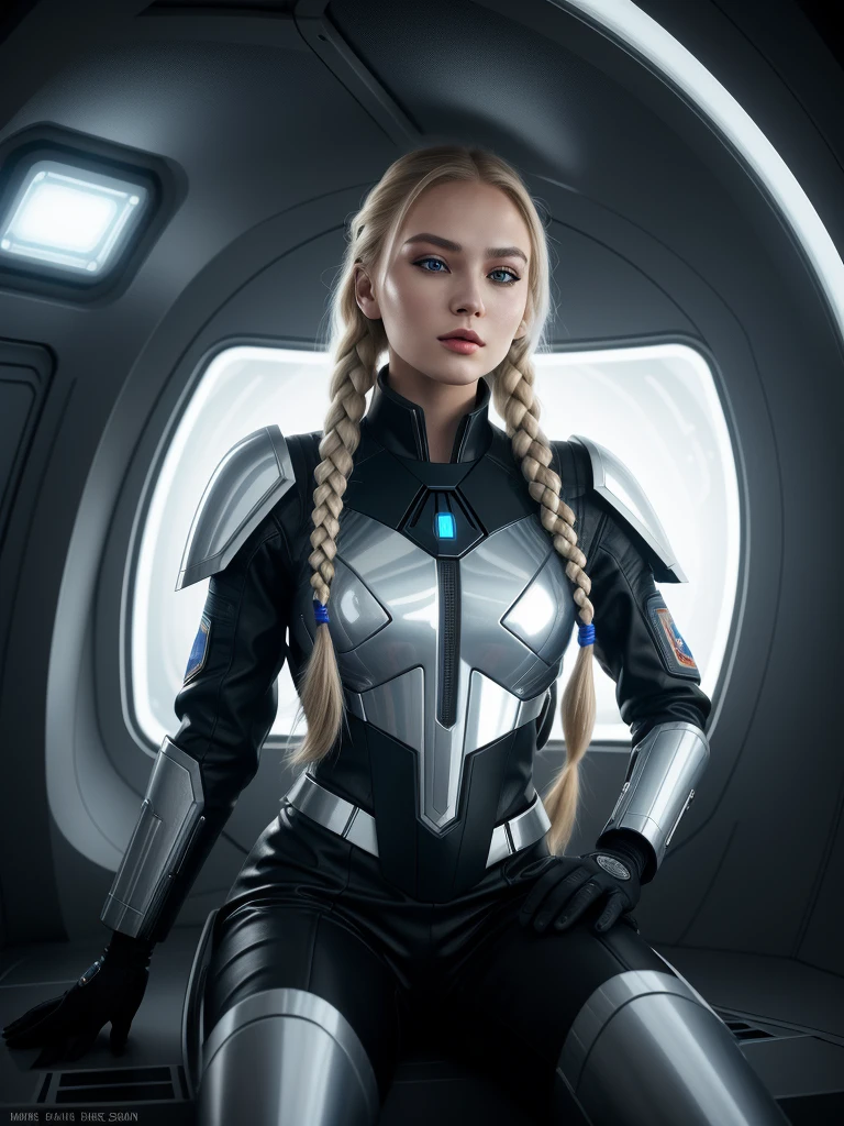 la plus belle femme russe de 21 ans avec de longs cheveux blonds tressés assise dans le vaisseau spatial futuriste en 2170 portant un costume militaire de la Force spatiale porté au combat chromé et bleu, une variété de petits détails en arrière-plan, Aléatoire, hyper détaillé, tendance sur artstation, détails complexes, très détaillé, très détaillé, peinture numérique, résultat parfait, HDR, image très claire, évocateur, frappant, lumière fluorescente, perspective d&#39;angle latéral, visage parfait, Brillant, glorieux, Étonnant, fabuleux, captivant, joli, magnétique, élégant, magnifique, sublime, Succulent, rêveur, mystérieux