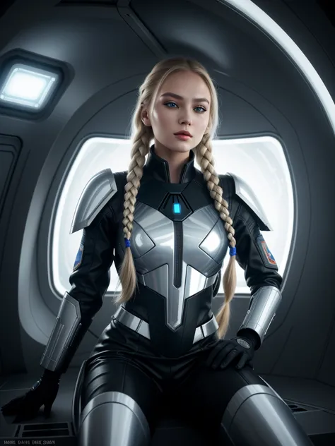 the most beautiful 21 yo Russian woman with long blond braided hair sitting in the futuristic spaceship in 2170 wearing a chrome...