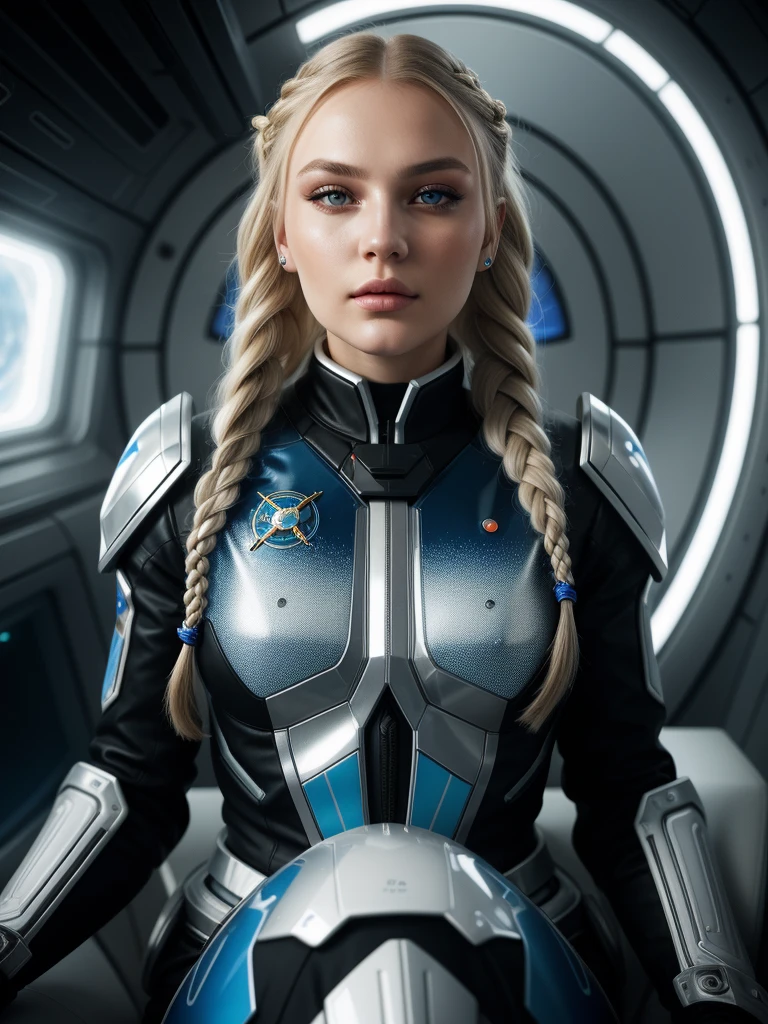 the most beautiful 21 yo Russian woman with long blond braided hair sitting in the futuristic spaceship in 2170 wearing a chrome and blue battle worn Space Force military suit a variety of small details in the background, random, hyper detailed, trending on artstation, intricate details, highly detailed, highly detailed, digital painting, perfect result, HDR, very clear image, evocative, striking, Fluorescent light, Side angle perspective, perfect face, polished, glorious, astonishing, fabulous, captivating, pretty, mesmeric, elegant, magnificent, sublime, luscious, dreamy, Mysterious