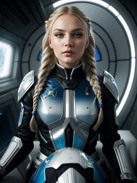 the most beautiful 21 yo Russian woman with long blond braided hair sitting in the futuristic spaceship in 2170 wearing a chrome...