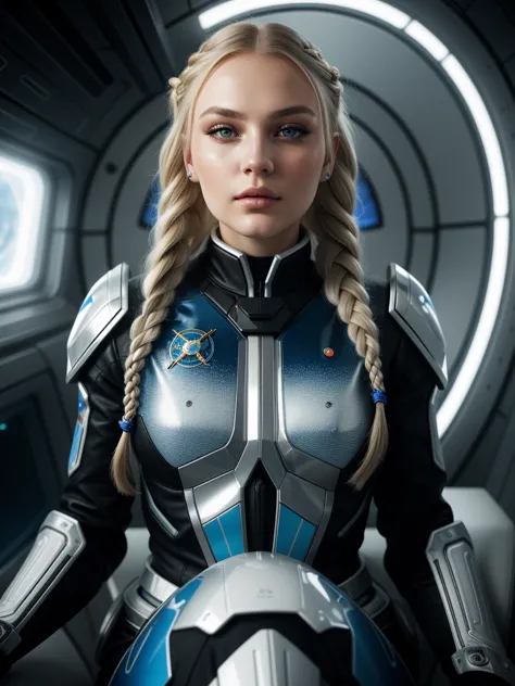 the most beautiful 21 yo russian woman with long blond braided hair sitting in the futuristic spaceship in 2170 wearing a chrome...