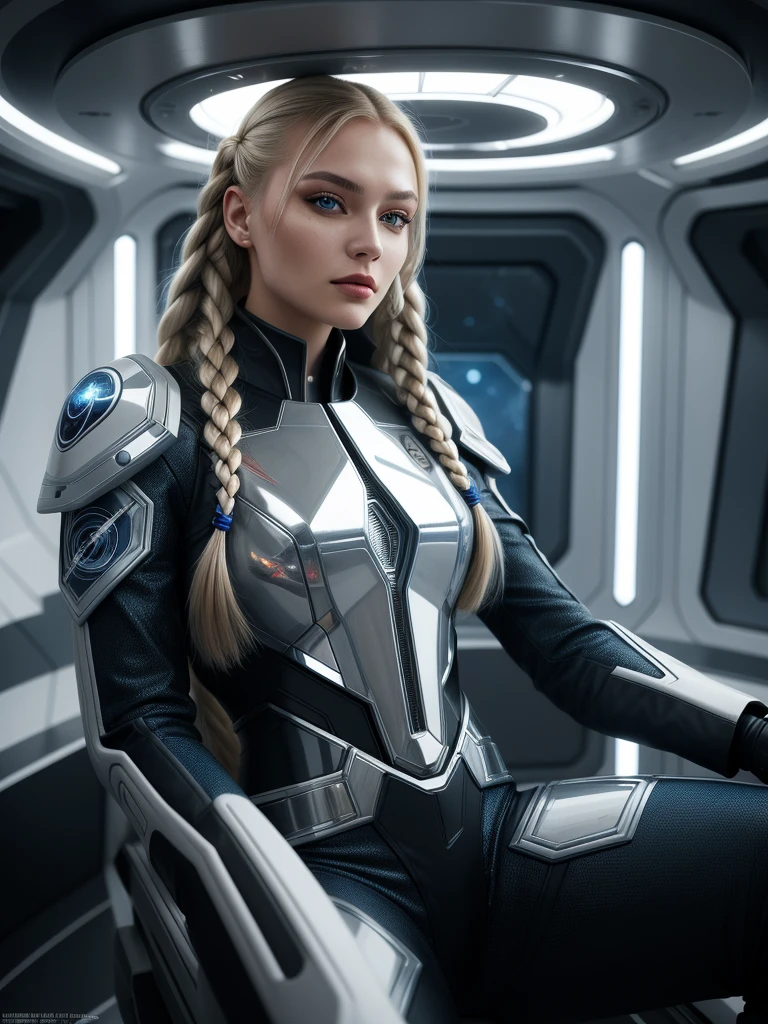 la plus belle femme russe de 21 ans avec de longs cheveux blonds tressés assise dans le vaisseau spatial futuriste en 2170 portant un costume militaire de la Force spatiale porté au combat chromé et bleu, une variété de petits détails en arrière-plan, Aléatoire, hyper détaillé, tendance sur artstation, détails complexes, très détaillé, très détaillé, peinture numérique, résultat parfait, HDR, image très claire, évocateur, frappant, lumière fluorescente, perspective d&#39;angle latéral, visage parfait, Brillant, glorieux, Étonnant, fabuleux, captivant, joli, magnétique, élégant, magnifique, sublime, Succulent, rêveur, mystérieux