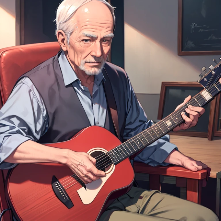 masterpiece、highest quality、High resolution、Very detailed、Medium wide shot、Cowboy Shot、Elderly men、old man、Deep wrinkles、Sitting in a chair、Playing the guitar、