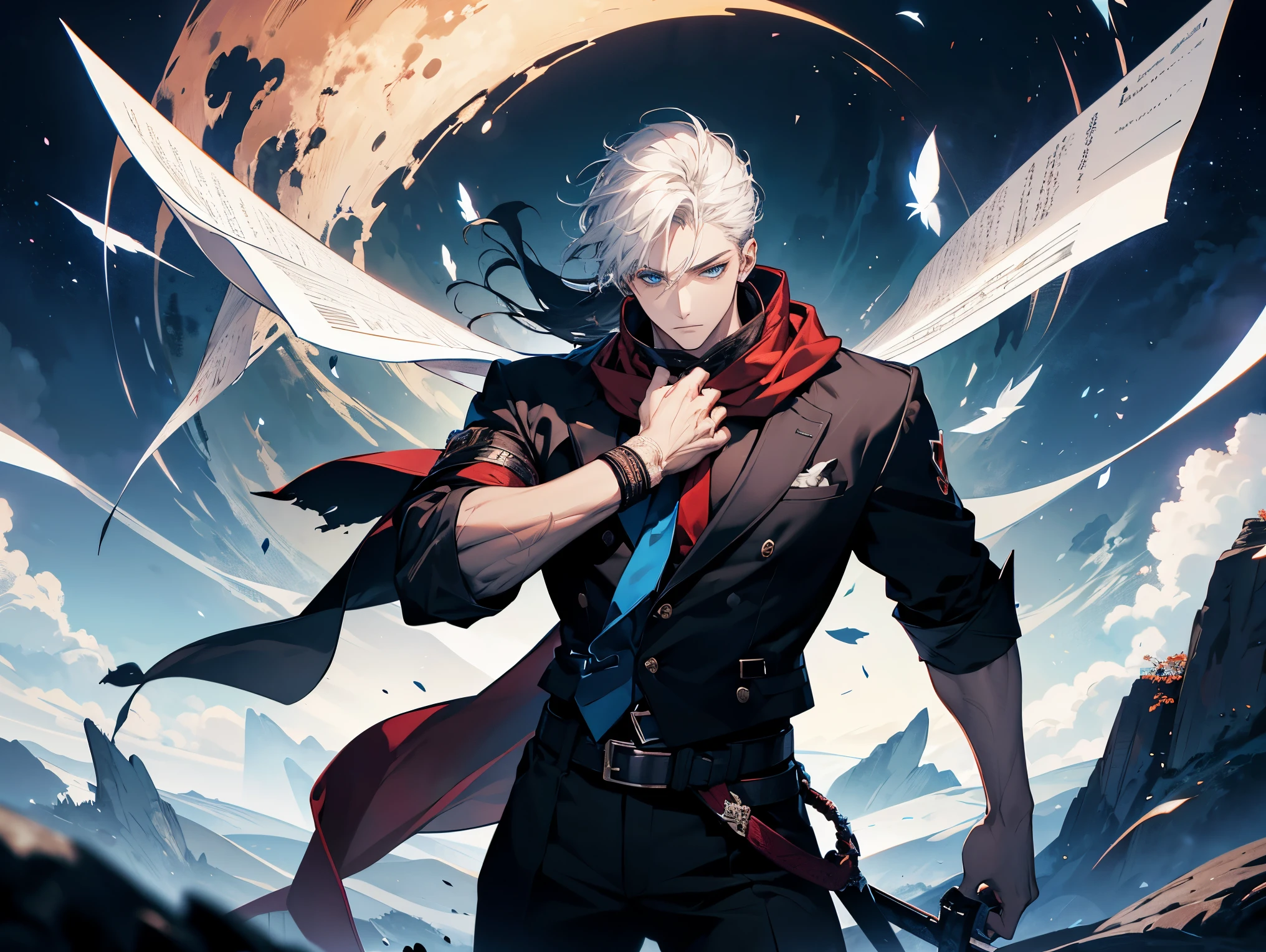 1 male,, 26 year old, masculine, short white hair, Attractive, red tie, White shirt, Rolled up sleeves, Black belt, Black pants, red scarf, Beautiful blue eyes、beautiful hair、no expression, holding a sky blue sword, black hilt, Trending on ArtStation, 8K resolution, Highly detailed, Anatomically correct, Sharp Image, Digital Painting, Concept art, of the highest quality、galaxy forest background, flying pages, fighting position