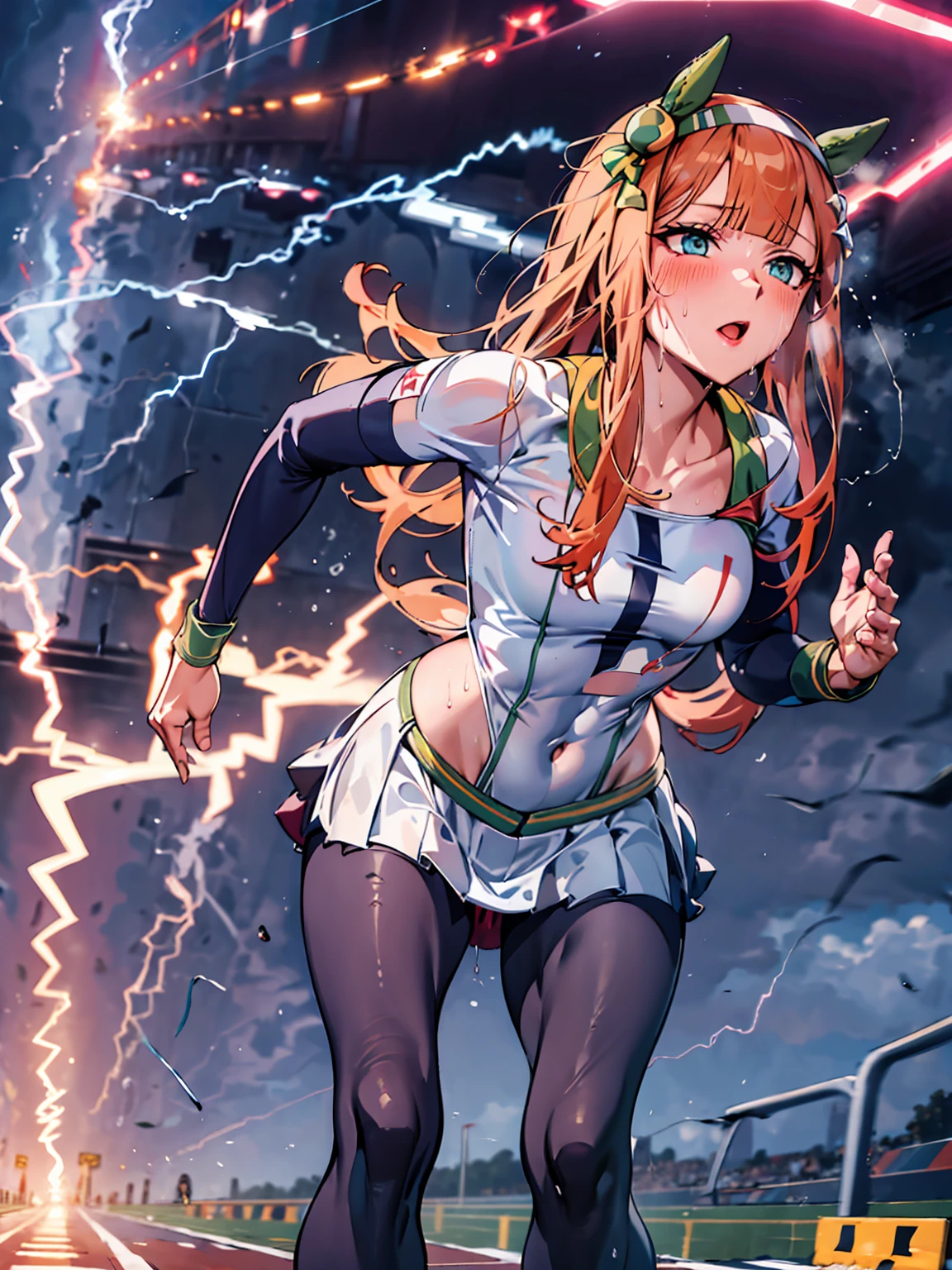 Best image quality、High resolution、masterpiece、super high quality、Arena、Run、颯爽とRun、Sweaty、very short pleated skirt、Heavy breathing、Blushing、4K quality、Black Pantyhose、Voluptuous thighs、A large number of runners、Athletics Stadium、storm