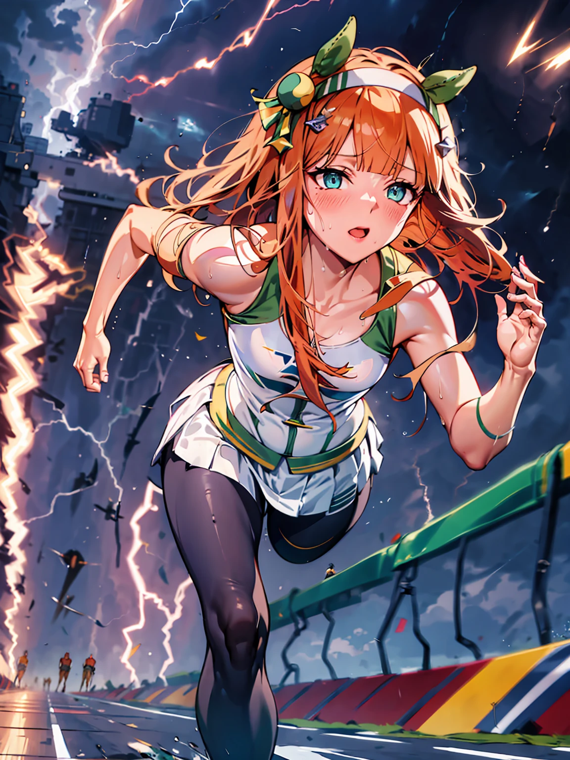 Best image quality、High resolution、masterpiece、super high quality、Arena、Run、颯爽とRun、Sweaty、very short pleated skirt、Heavy breathing、Blushing、4K quality、Black Pantyhose、Voluptuous thighs、A large number of runners、Athletics Stadium、storm