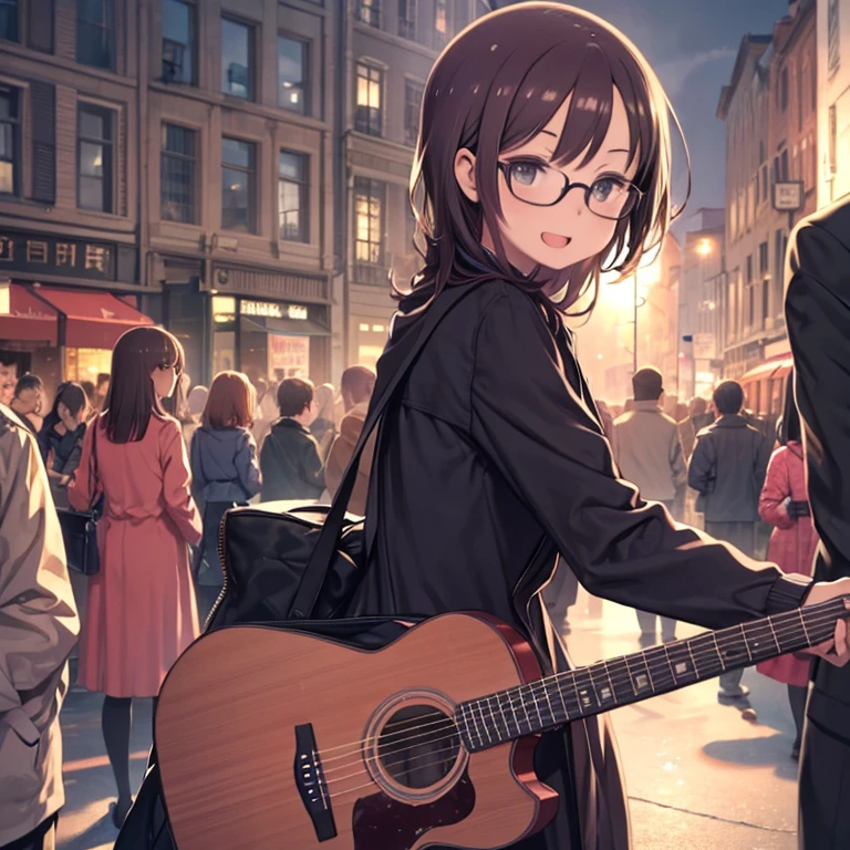 masterpiece、highest quality、High resolution、Very detailed、Medium wide shot、Mature Woman、Glasses、Are standing、Playing the guitar、laughing、In town、crowd、Being surrounded by many people、