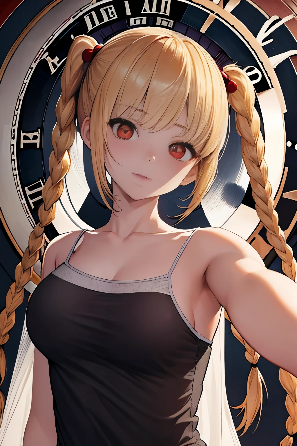 Optimal，masterpiece，High resolution，highest quality，Hyper HD，Very detailed，Award-winning，16k，alone，（Upper Body），Correct Anatomy，Beautiful Cyberpunk Girl，Upper Bodyの写真、Cute face，，blonde、Long Hair、Twin tails、Braid, Hairline，（（Scarlet Eyes）），Long eyelashes，Drooping eyelids，White skin，((Shoot from the front:1.5)), ((camisole:1.5)), ((See-through:1.5)), ((Clock Top:1.5))、rocket , (Large Breasts),