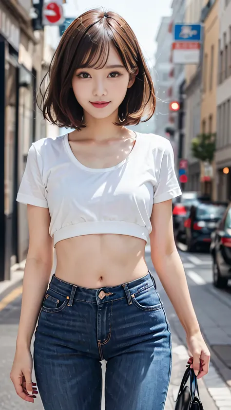 ((Center of chest, Tomboy, Small Head)), Dawn, sunlight, (Defined Abs: 1.1), (Perfect body: 1.1), (Short Wavy Hair: 1.2), Auburn Hair, Full body photo, Crowded street, ChibiＴshirt, ((Tight pants)), (Very detailed CG 8k wallpaper), (Very delicate and beauti...