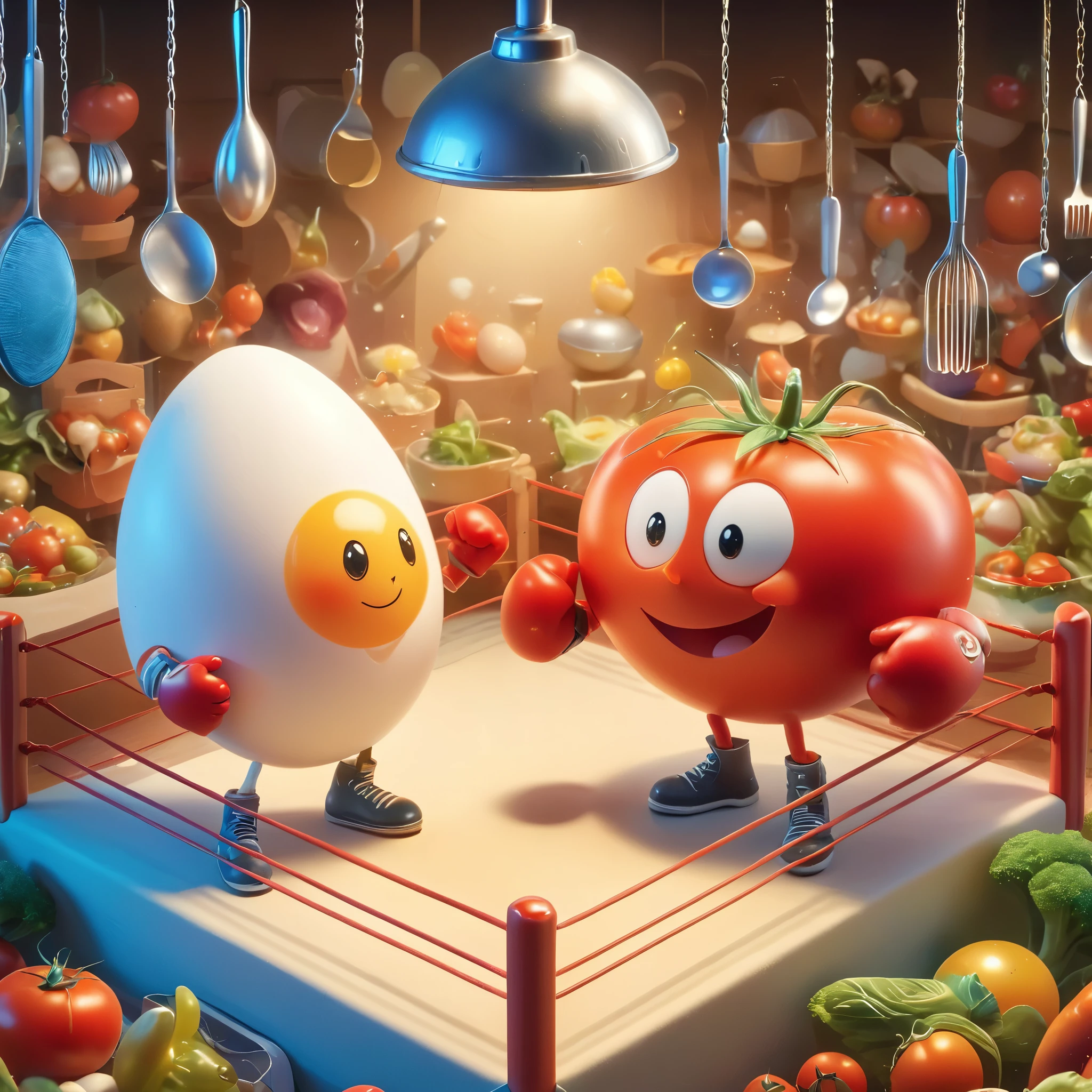 Imagine a whimsical scene where a charming egg and a plump tomato stand in a boxing ring, poised for a friendly bout. The egg, sporting miniature gloves and a determined smile, faces its opponent, the tomato, which wears its own set of gloves, its stem resembling a jaunty little hat. The ring is set in a kitchen-like arena, with utensils hanging on the walls and an audience of various fruits and vegetables cheering with childlike enthusiasm. The colors are vibrant and cartoonish, with exaggerated expressions and movements that capture the innocence of childhood and the spirit of camaraderie. The entire composition is lively and animated, as if the egg and tomato are not just food items, but beloved characters in their own right, engaging in a playful spar that symbolizes their unique friendship.